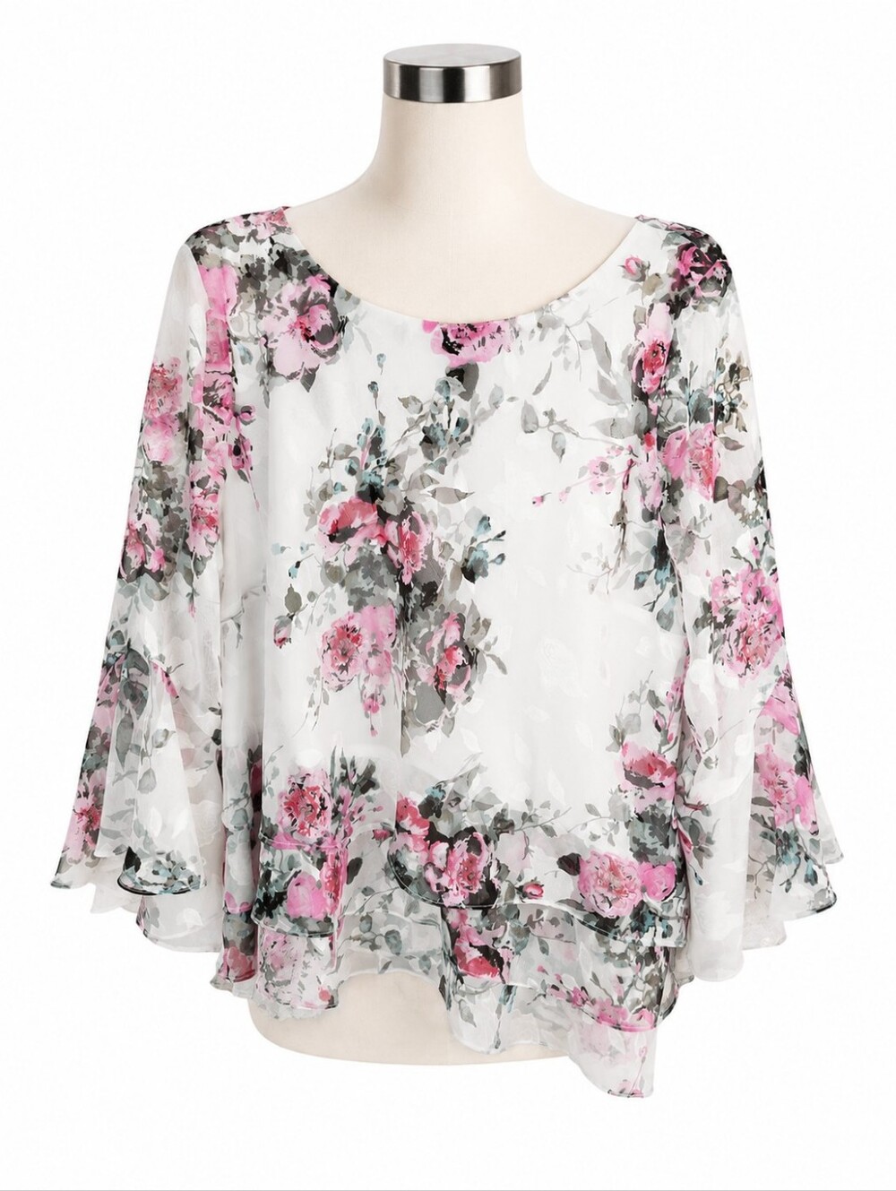 Alex Evenings Floral Chiffon Blouse Womens XL Pink White Burnout Tiered -Wedding